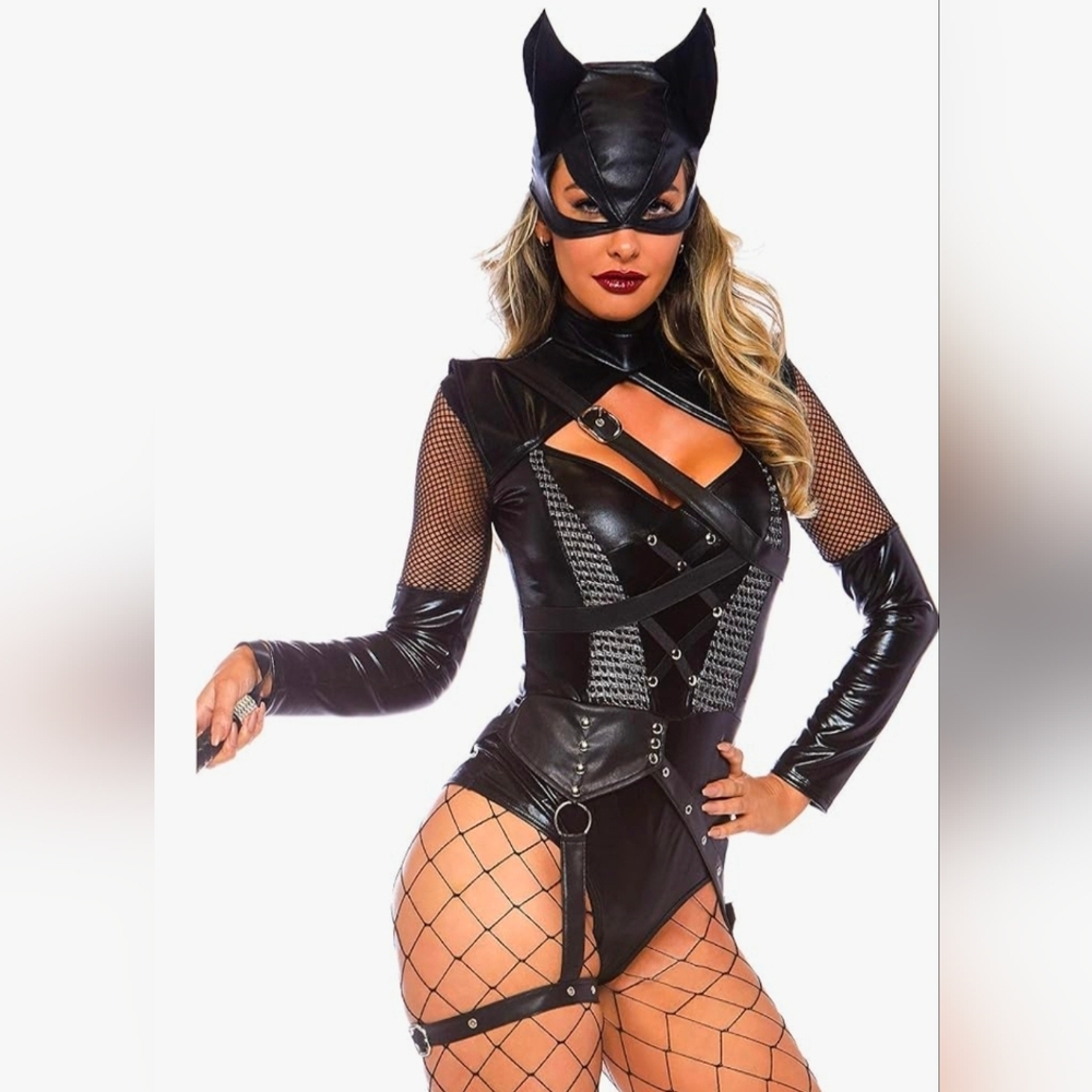 2 Pc Villainess Vixen Bodvsuit Costume With Attached Garter, Hooded Mask
